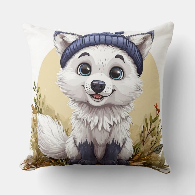 Adorable Cartoon Arctic Fox with Blue Hat Throw Pillow (Front)