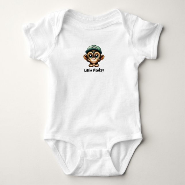 Adorable Cartoon Baby Monkey with Green Hat Funny Baby Bodysuit (Front)