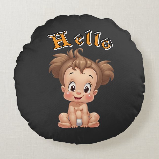 Adorable Cartoon Baby Sitting Cheerfully with Cute Round Pillow (Front)
