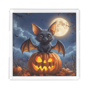 Adorable Cartoon Bat Perched on Jack-o'-Lantern Acrylic Tray