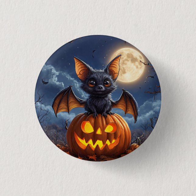Adorable Cartoon Bat Perched on Jack-o'-Lantern Button (Front)