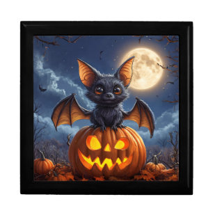 Adorable Cartoon Bat Perched on Jack-o'-Lantern Gift Box