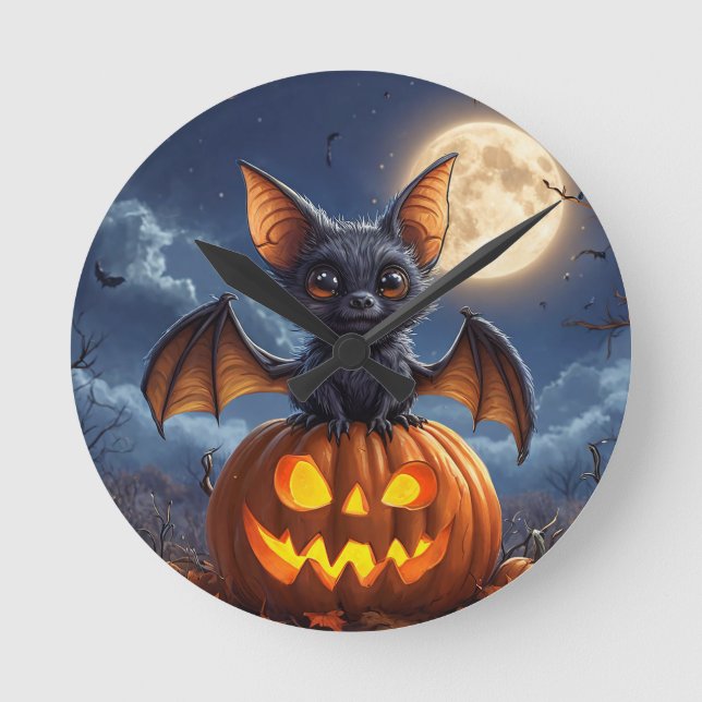 Adorable Cartoon Bat Perched on Jack-o'-Lantern Round Clock (Front)