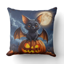 Adorable Cartoon Bat Perched on Jack-o'-Lantern