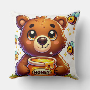 Adorable Cartoon Bear Holding Honey Jar Throw Pillow