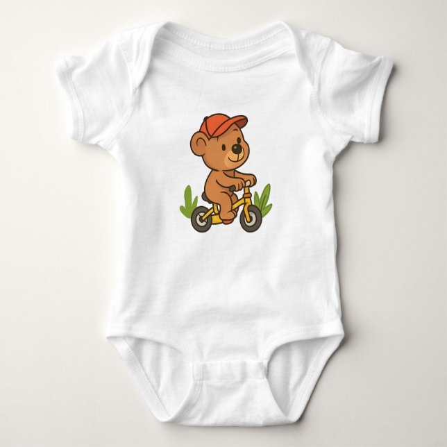 Adorable Cartoon Bear Riding a Bicycle Baby Bodysuit (Front)
