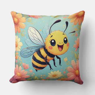Adorable Cartoon Bee Buzzing Cheerfully Throw Pillow