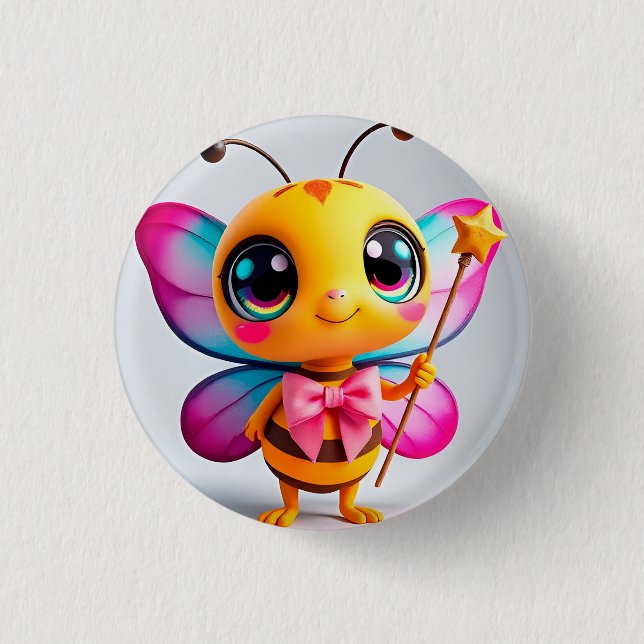 Adorable Cartoon Bee Fairy Character Button (Front)