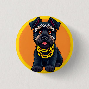 Adorable Cartoon Black Dog Wearing a Gold Chain Button