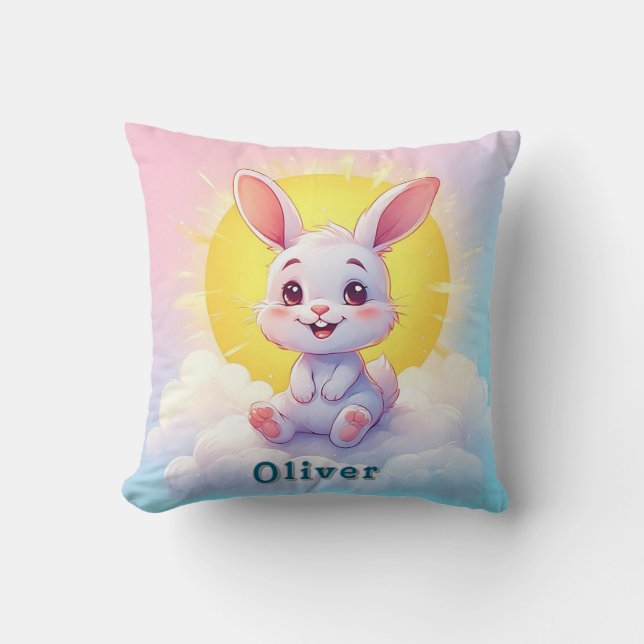 Adorable Cartoon Bunny Sitting on a Cloud Throw Pillow (Front)