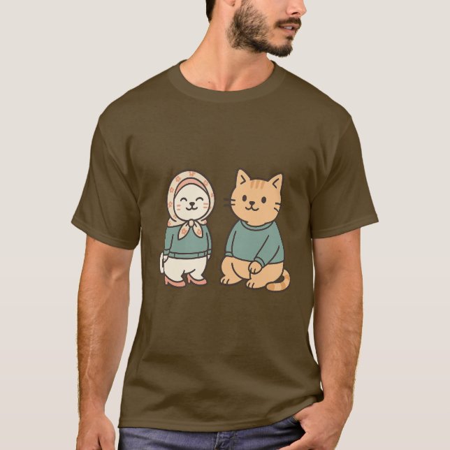 "Adorable Cartoon Cat Couple in Cozy Outfits" T-Shirt (Front)