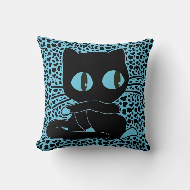 Adorable Cartoon Cat on Animal Print Background Throw Pillow (Front)