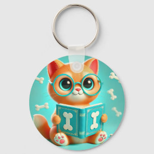Adorable Cartoon Cat Reading a Book Keychain