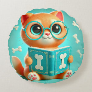 Adorable Cartoon Cat Reading a Book Round Pillow