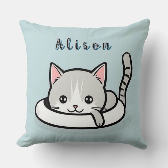Adorable Cartoon Cat Resting Playfully Throw Pillow (Front)