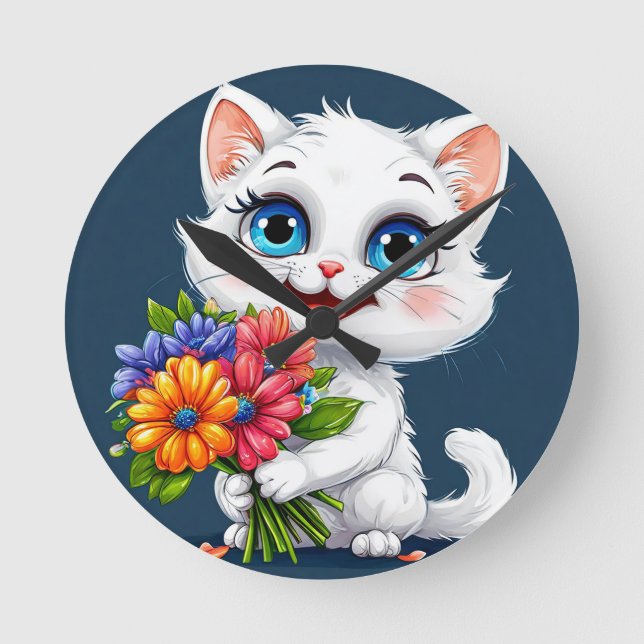 Adorable cartoon cat round clock (Front)