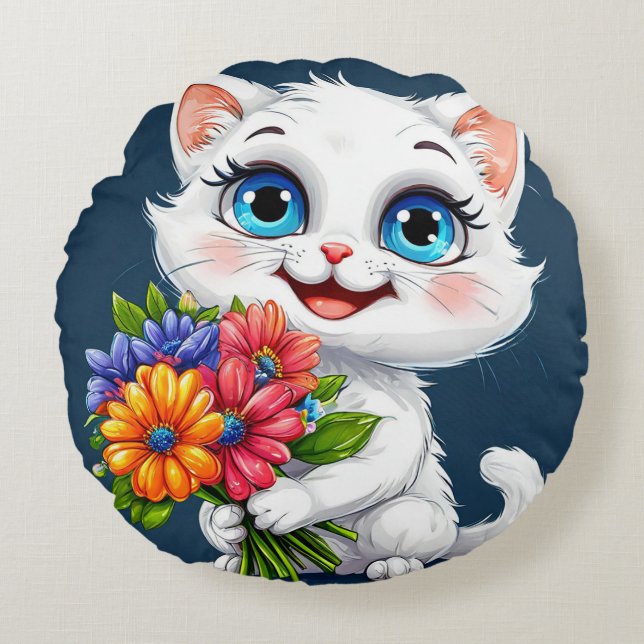 Adorable cartoon cat round pillow (Front)