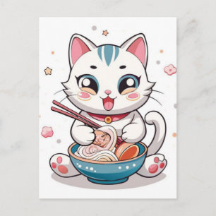 Adorable Cartoon Cat Sitting In Ramen Bowl Holiday Postcard