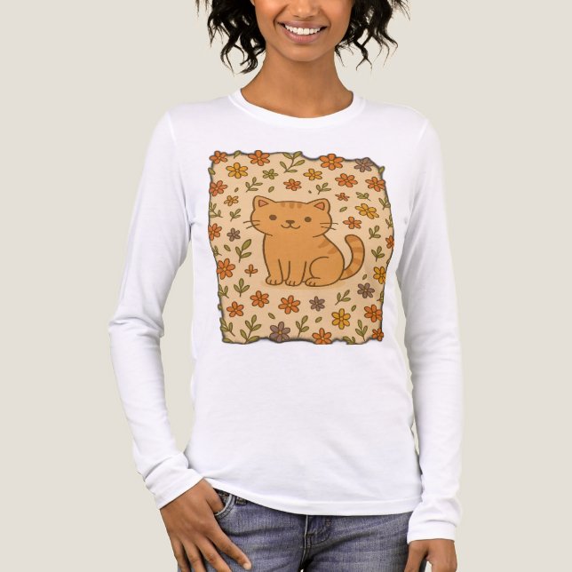 Adorable Cartoon Cat with Floral Pattern Tri-Blend Shirt (Front)