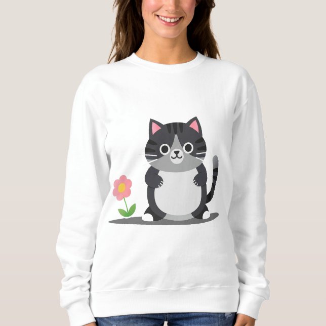 Adorable Cartoon Cat With Flower Sweatshirt (Front)