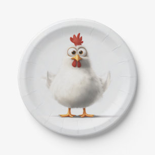 Adorable Cartoon Chicken with Fluffy White Feather Paper Plates
