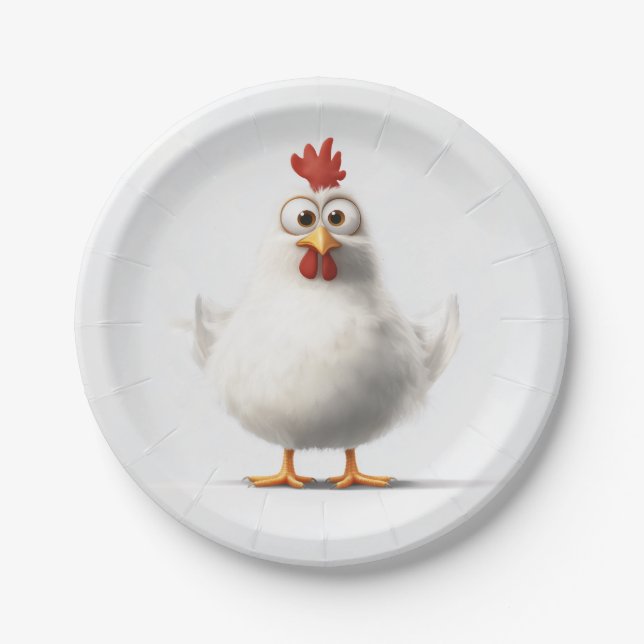 Adorable Cartoon Chicken with Fluffy White Feather Paper Plates (Front)