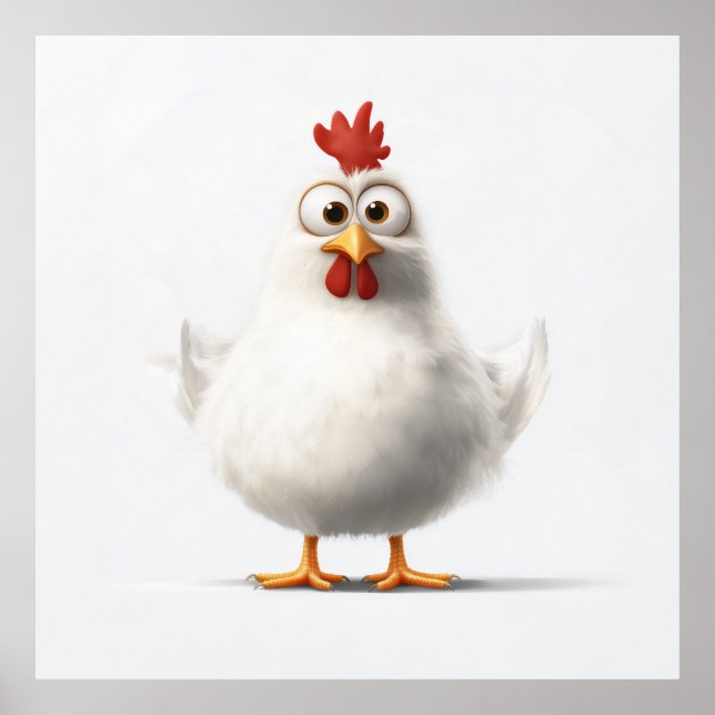 Adorable Cartoon Chicken with Fluffy White Feather Poster (Front)