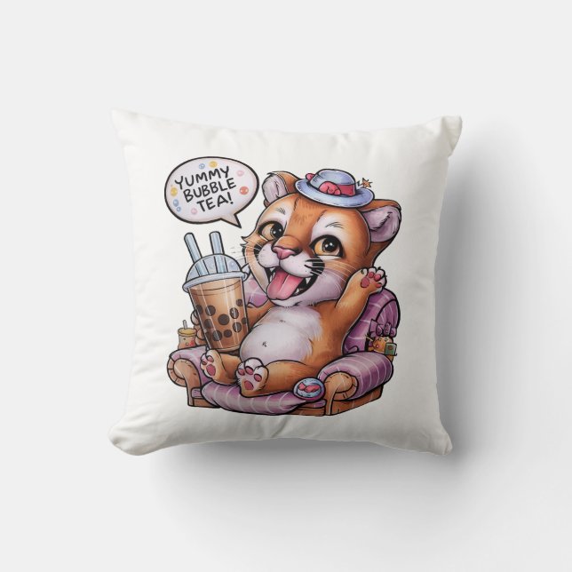 Adorable Cartoon Cougar: Cozy, Kawaii Vibes Throw Pillow (Front)