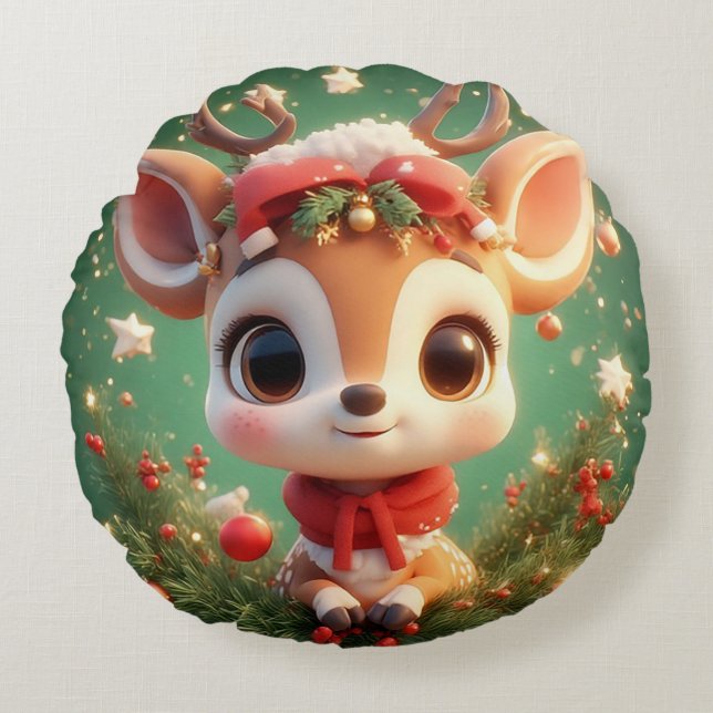 Adorable Cartoon Deer in a Festive Christmas Round Pillow (Front)