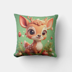 Adorable Cartoon Deer in a Festive Christmas Throw Pillow