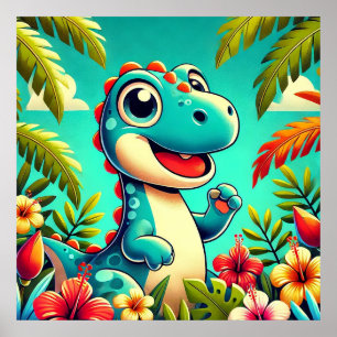 Adorable Cartoon Dinosaur Amidst Vibrant Tropical  Poster