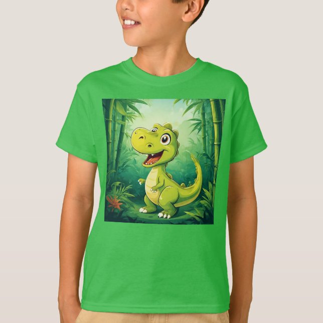 Adorable Cartoon Dinosaur in Lush Green Jungle T-Shirt (Front)