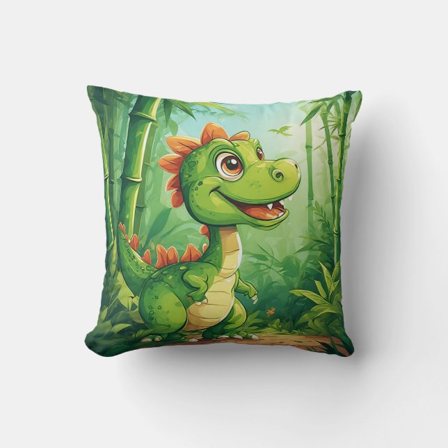Adorable Cartoon Dinosaur in Lush Green Jungle Throw Pillow (Front)