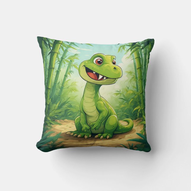 Adorable Cartoon Dinosaur in Lush Green Jungle Throw Pillow (Front)