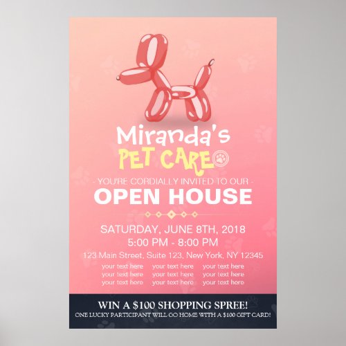 Adorable Cartoon Dog Balloons Pet Shop Open House Poster