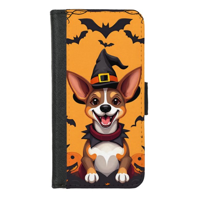 Adorable Cartoon Dog Dressed as a Witch iPhone Wallet Case (Front)