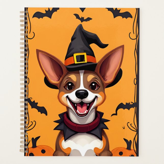 Adorable Cartoon Dog Dressed as a Witch Planner (Front)