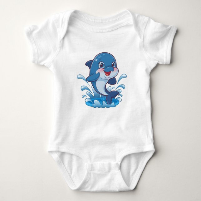 Adorable Cartoon Dolphin Splashing in Joy"  Baby Bodysuit (Front)