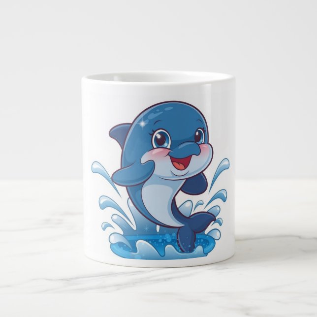 "Adorable Cartoon Dolphin Splashing in Joy" Giant Coffee Mug (Front)