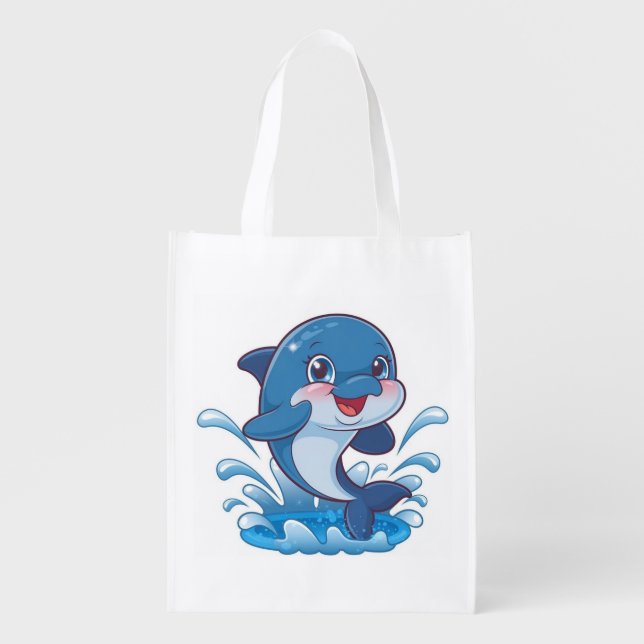 "Adorable Cartoon Dolphin Splashing in Joy" Grocery Bag (Front)
