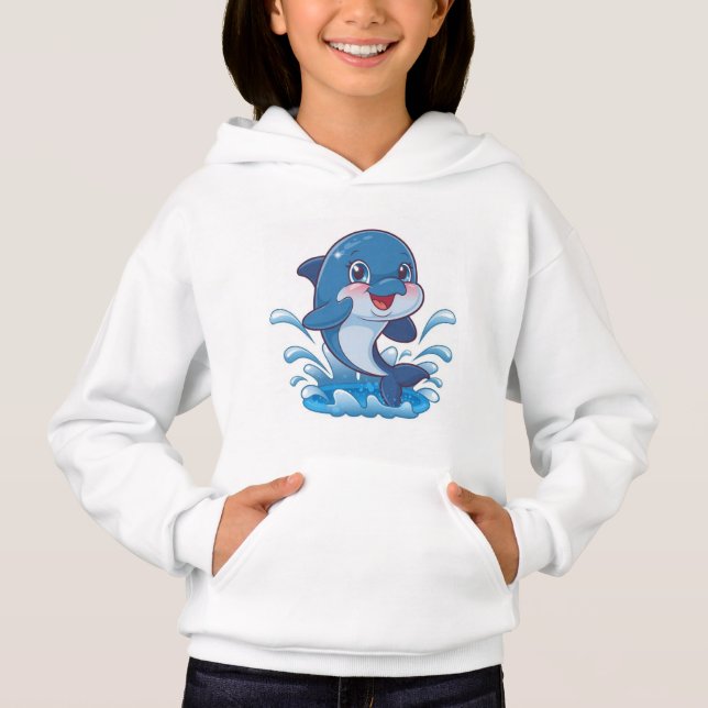 "Adorable Cartoon Dolphin Splashing in Joy" Hoodie (Front)