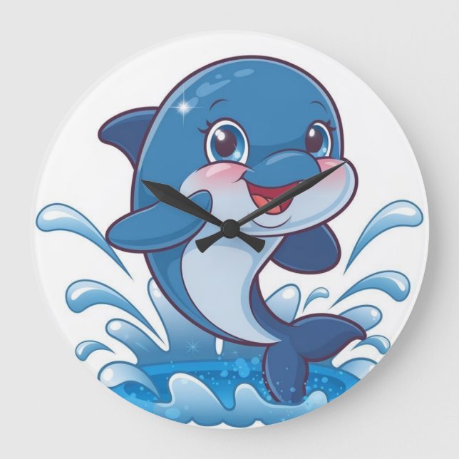 Adorable Cartoon Dolphin Splashing in Joy" Large Clock (Front)
