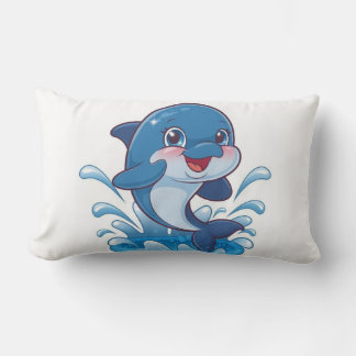 Adorable Cartoon Dolphin Splashing in Joy"  Lumbar Pillow