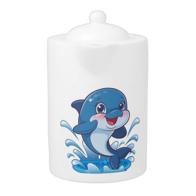 "Adorable Cartoon Dolphin Splashing in Joy" Teapot (Front)