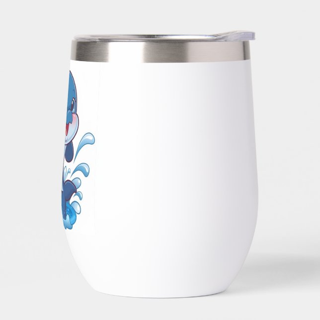 "Adorable Cartoon Dolphin Splashing in Joy" Thermal Wine Tumbler (Left)