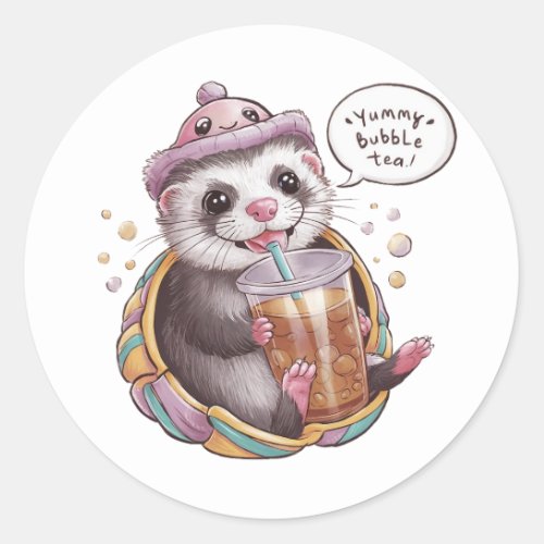 Adorable Cartoon Domestic Ferret Cozy Kawaii Vib Classic Round Sticker