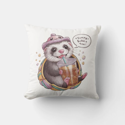 Adorable Cartoon Domestic Ferret Cozy Kawaii Vib Throw Pillow