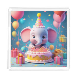 Adorable Cartoon Elephant Celebrating Birthday Acrylic Tray