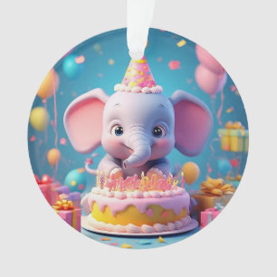 Adorable Cartoon Elephant Celebrating Birthday Ornament