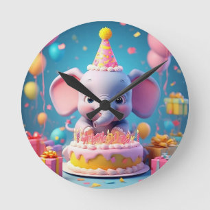 Adorable Cartoon Elephant Celebrating Birthday Round Clock